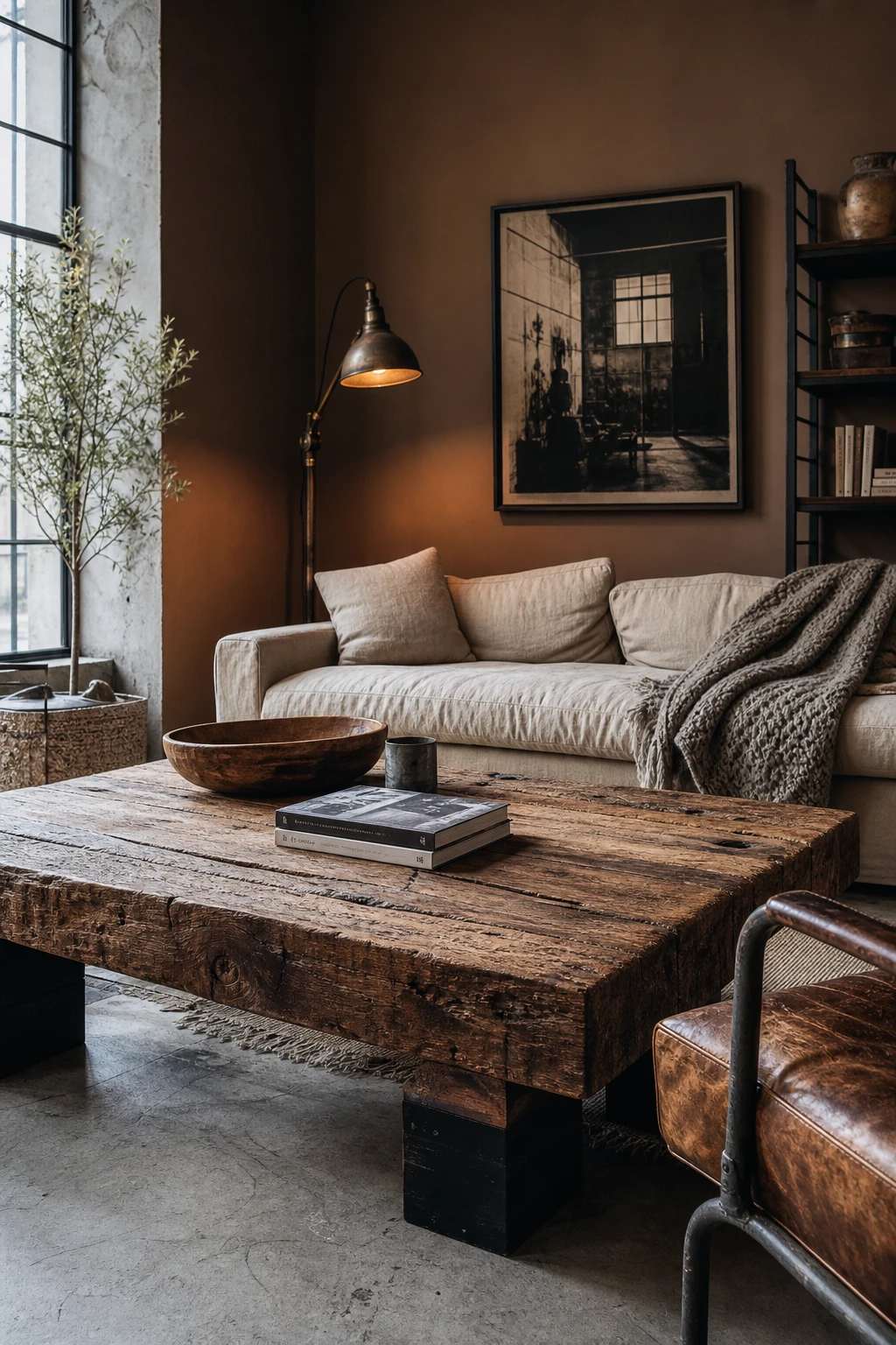 Cozy industrial living room anchored by a reclaimed wood coffee table on a wool rug, with Farrow and Ball London Clay walls and warm Edison bulb lighting