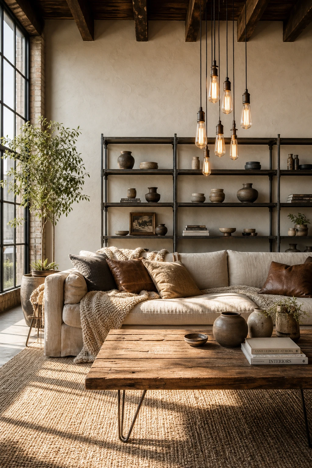 Cozy industrial living room blending farmhouse textiles and factory details with warm neutral walls, exposed beams, metal shelving, and a plush linen sofa