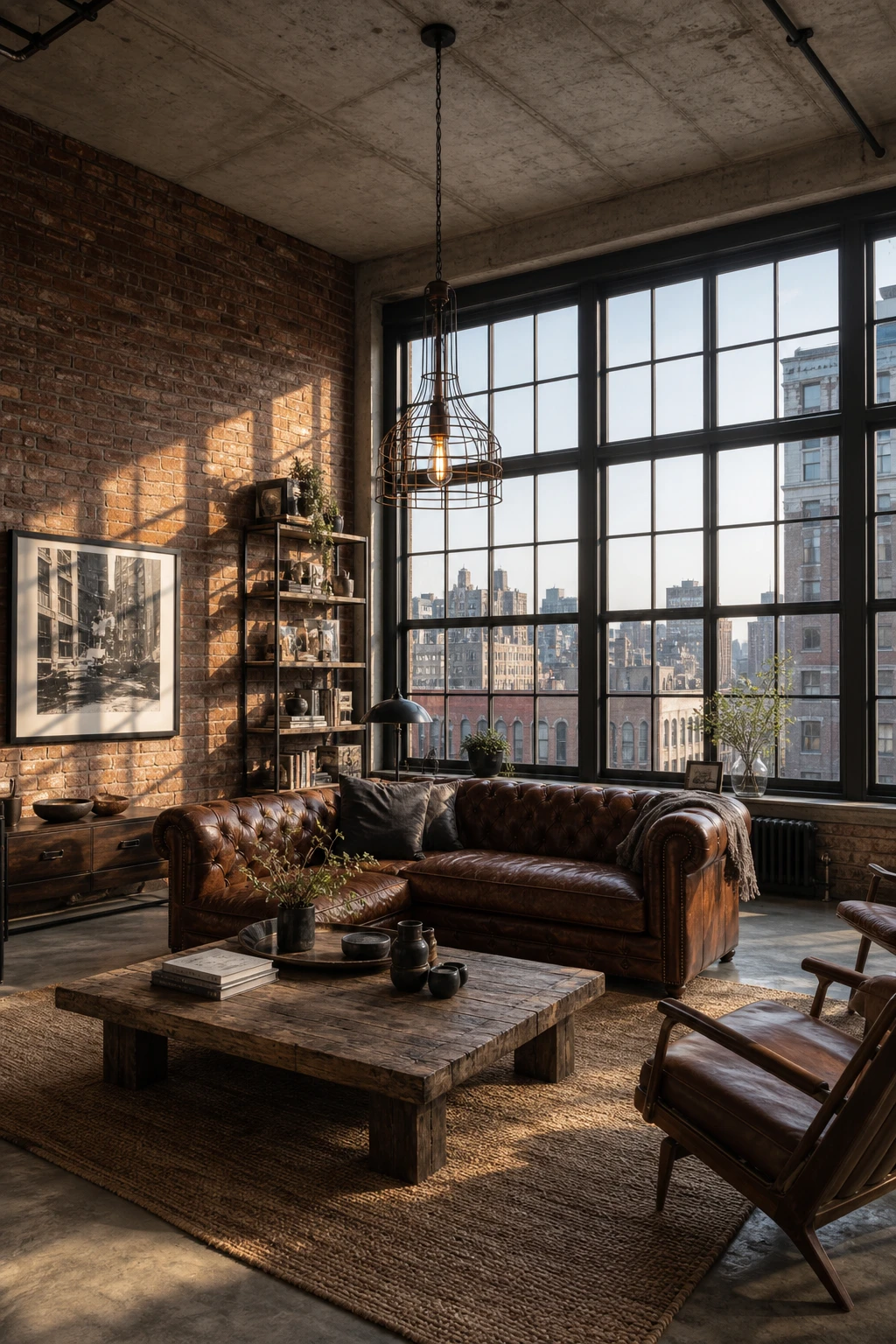 Cozy industrial living room channeling NYC loft grit with exposed brick, oversized steel windows, raw concrete, and Farrow & Ball Down Pipe painted trim