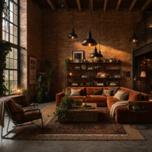 Cozy industrial living room with exposed brick wall, reclaimed wood ceiling beams, blackened steel fixtures, a burnt orange sofa, and layered rugs on polished concrete in warm evening light.