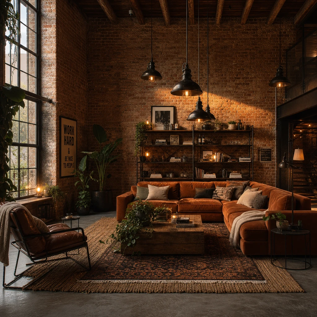 Cozy industrial living room with exposed brick wall, reclaimed wood ceiling beams, blackened steel fixtures, a burnt orange sofa, and layered rugs on polished concrete in warm evening light.