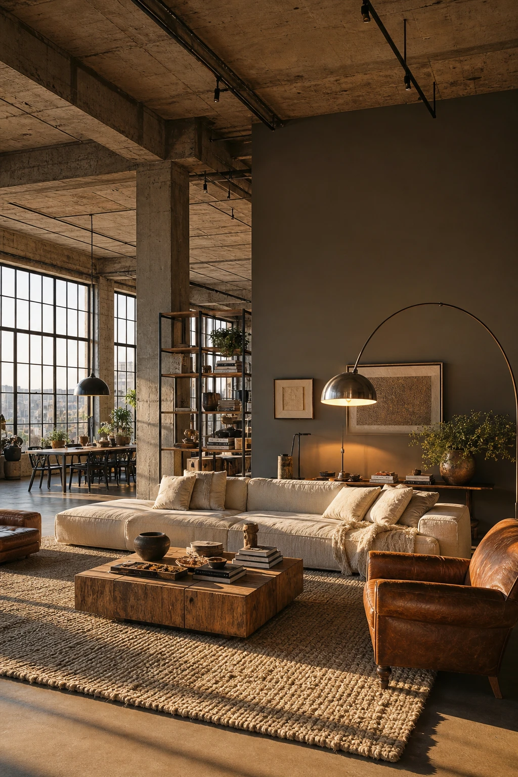 Cozy industrial living room in an open plan loft zoned by a large wool rug and low furniture grouping under warm pendant lighting