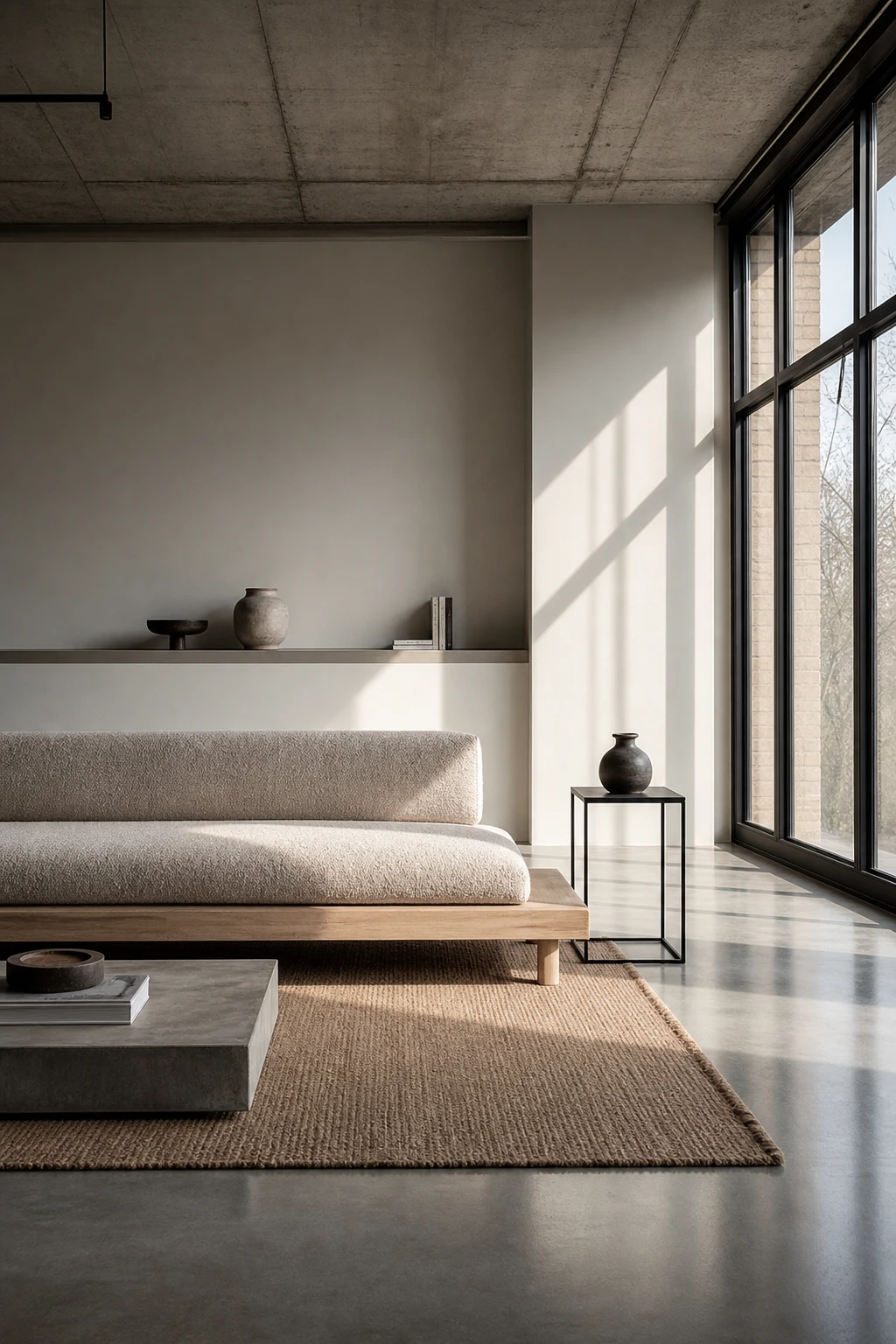 Cozy industrial living room styled with Scandi minimalism, featuring raw concrete, pale timber, and Farrow & Ball Cornforth White walls in soft natural light
