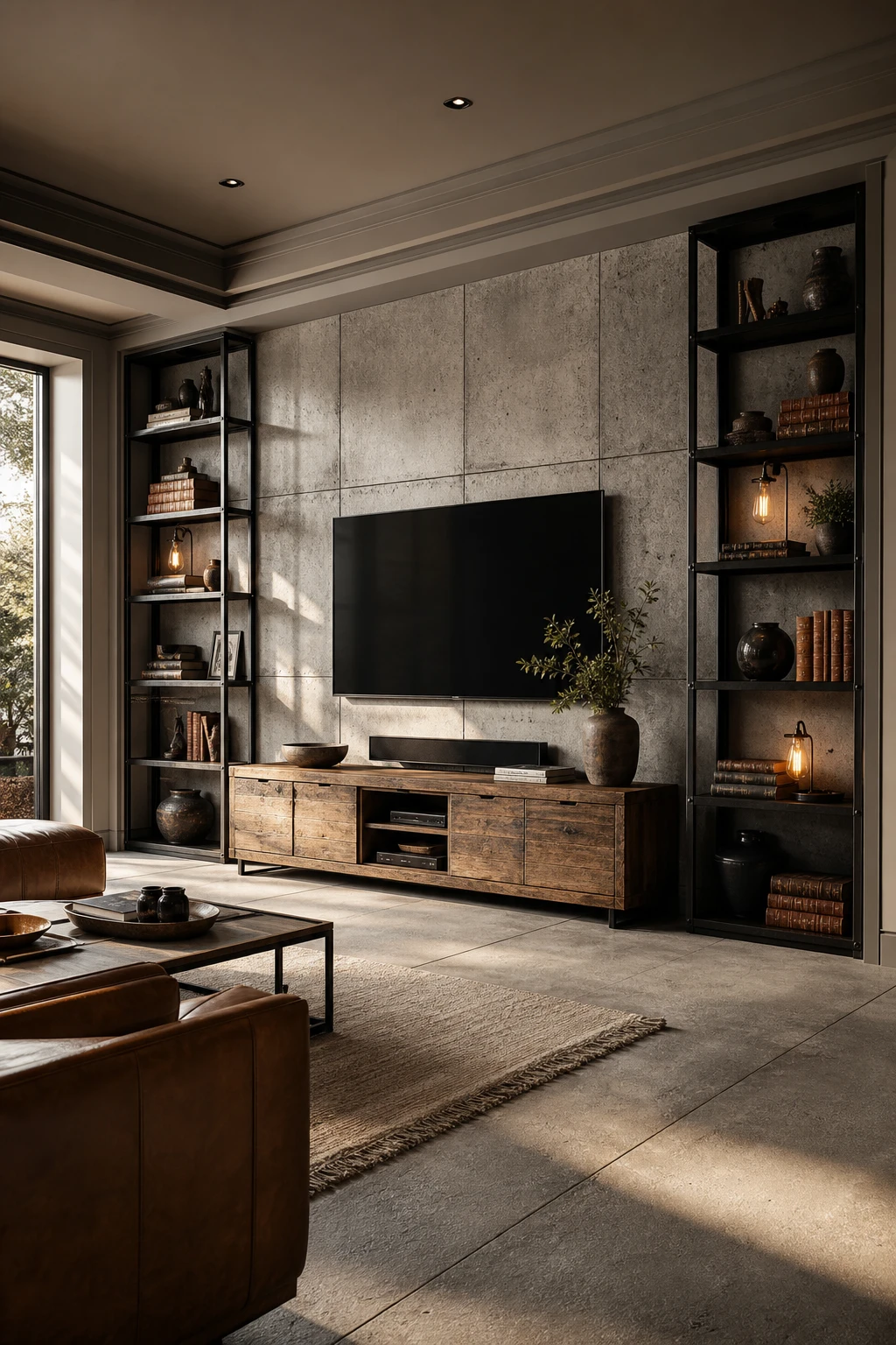 Cozy industrial living room with a bold TV wall featuring raw concrete panels, open steel shelving, and Farrow and Ball Worsted painted surround in warm grey