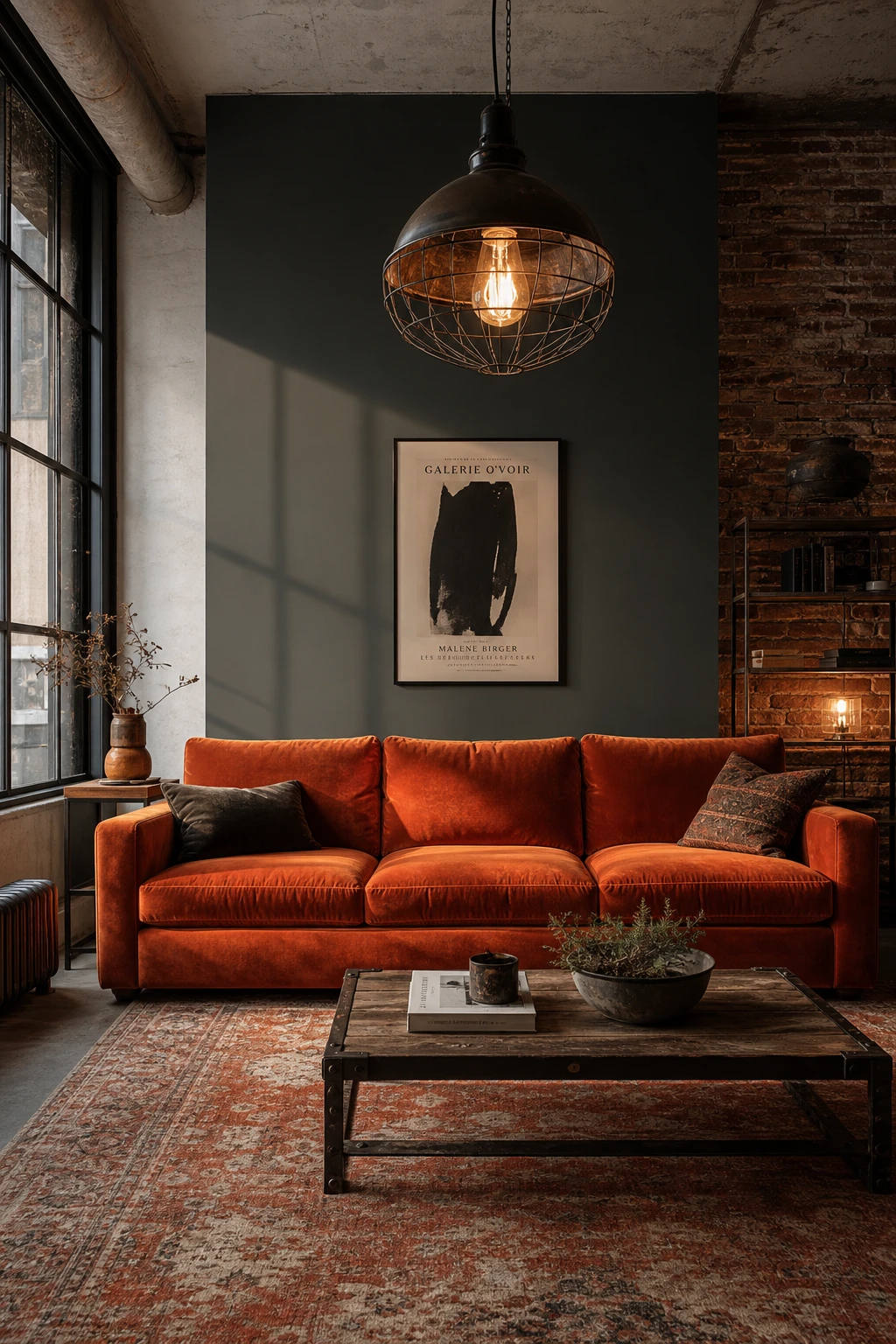 Cozy industrial living room with a burnt orange sofa as the centrepiece, exposed brick wall, steel coffee table, and warm Edison bulb pendant lighting