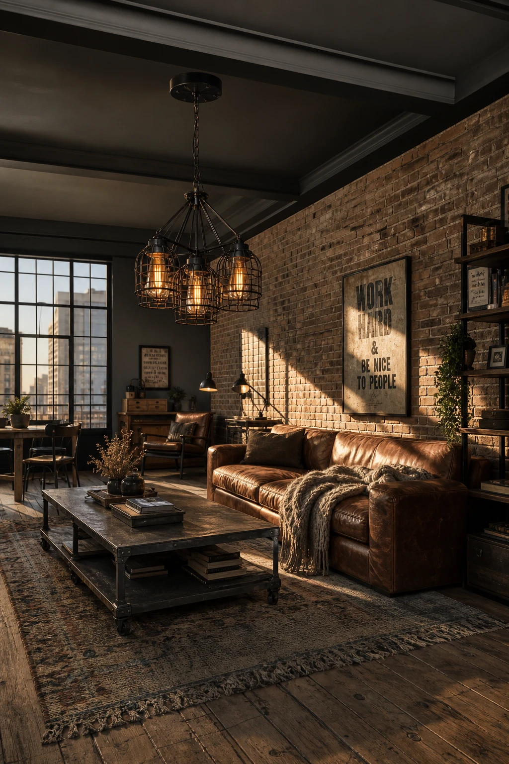 Cozy industrial living room with a statement cage pendant light as hero, exposed brick wall, leather sofa, worn oak floor, dark grey ceiling in Farrow and Ball Hopper Head