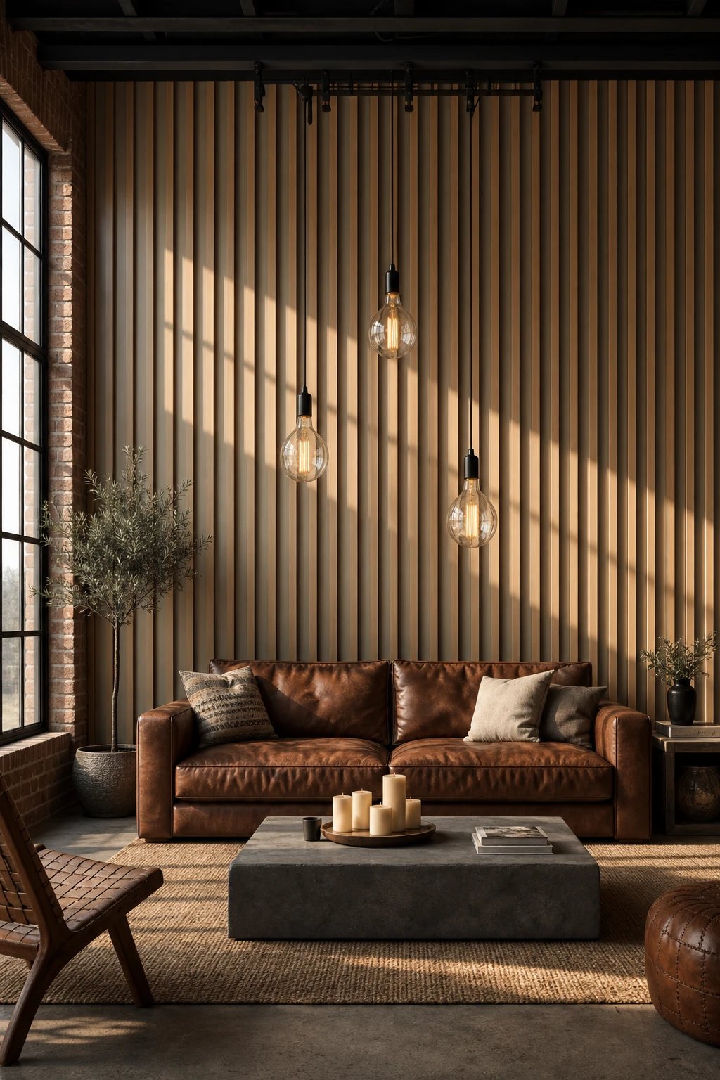 Cozy industrial living room with a warm wood slat feature wall, concrete coffee table, leather sofa, and Edison pendant lights in soft afternoon light
