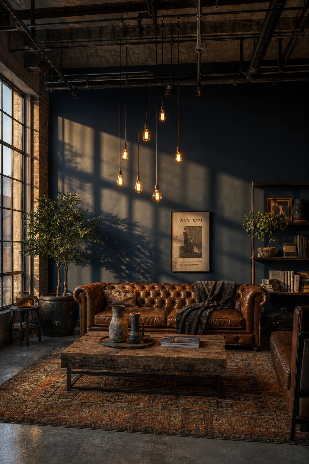 Cozy industrial living room with blue toned walls, exposed brick, leather sofa, Edison bulb pendant lights and warm wood flooring in a sophisticated loft space