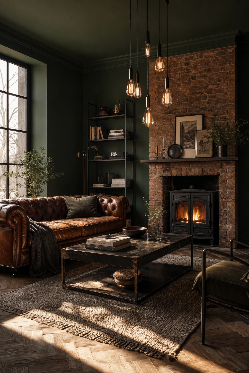 Cozy industrial living room with deep green walls, leather sofa, metal coffee table, exposed brick, and warm Edison bulb pendant lighting