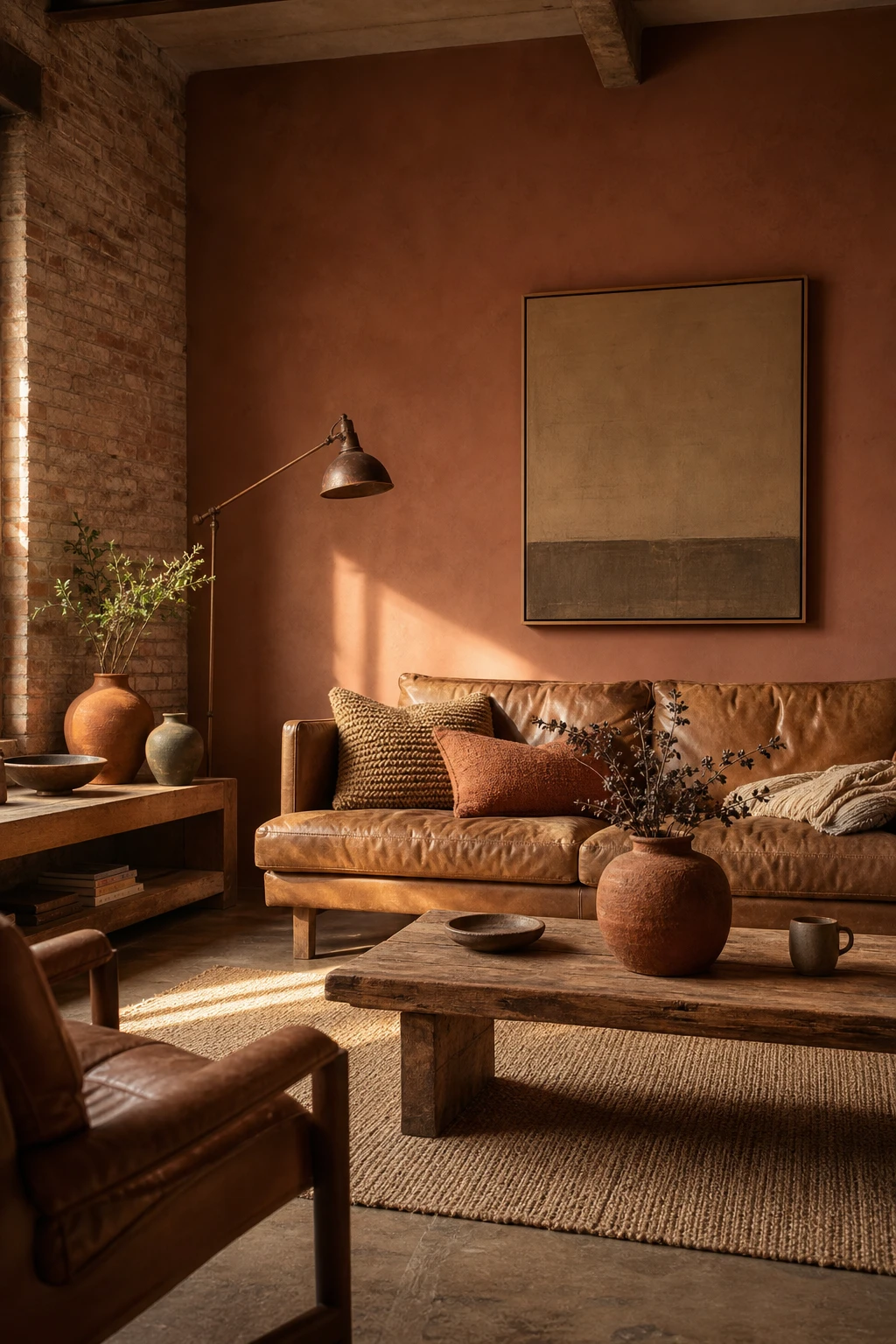Cozy industrial living room with earth tone palette featuring ochre walls in Farrow & Ball Faded Terracotta, exposed brick, raw timber shelving and worn leather seating