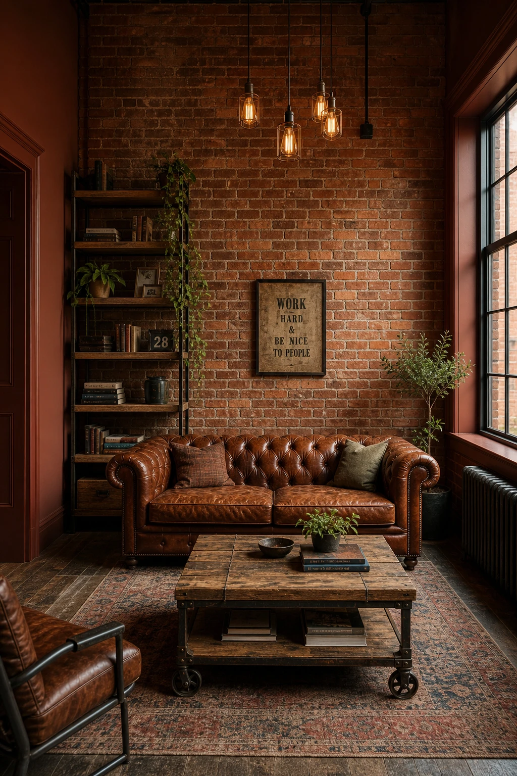 Cozy industrial living room with exposed brick as the hero wall, warm Edison lighting, leather sofa, reclaimed wood shelving, and Farrow and Ball Red Earth painted trim