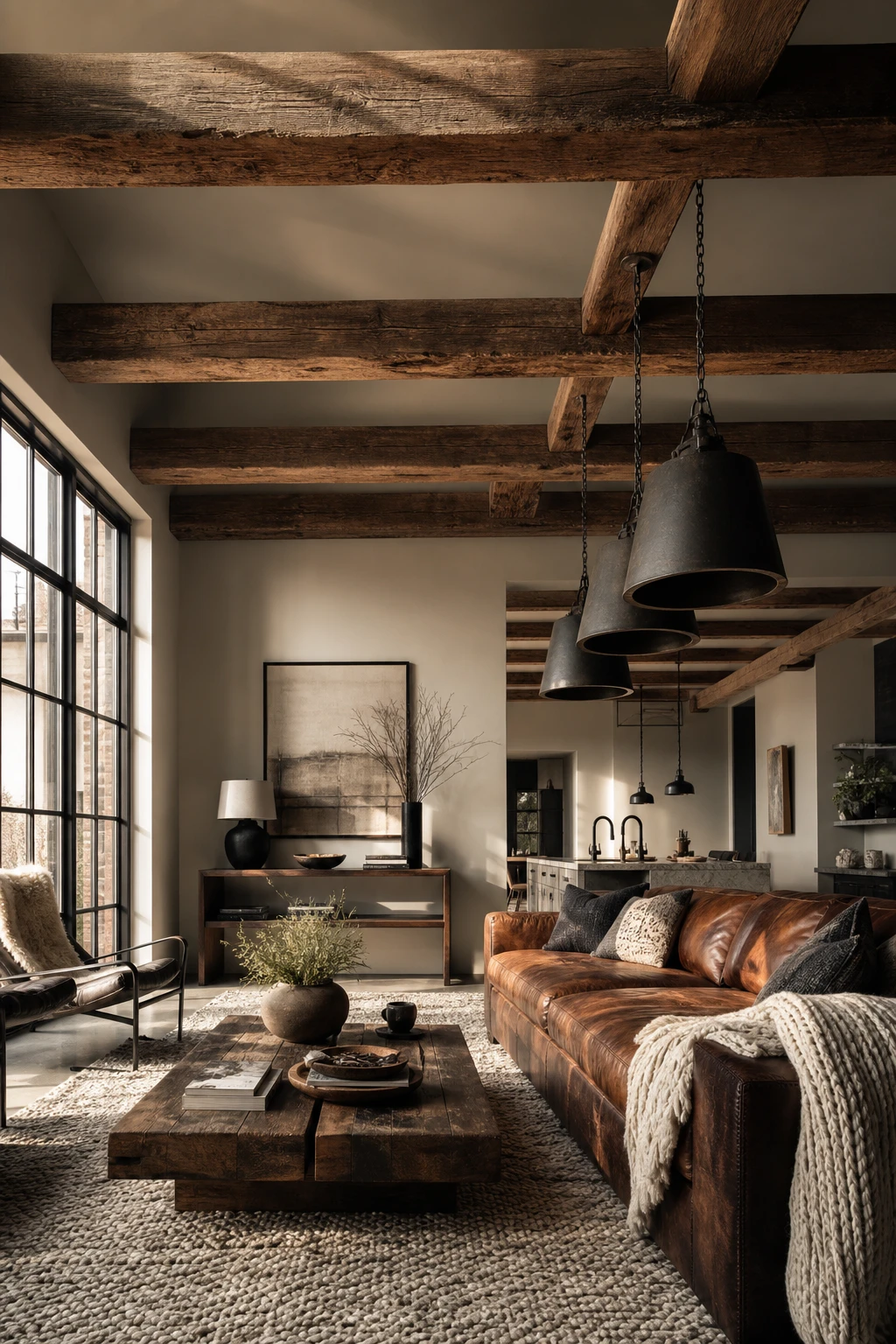 Cozy industrial living room with exposed wood beams overhead, warm ambient lighting, leather sofa, and Farrow and Ball Elephants Breath walls