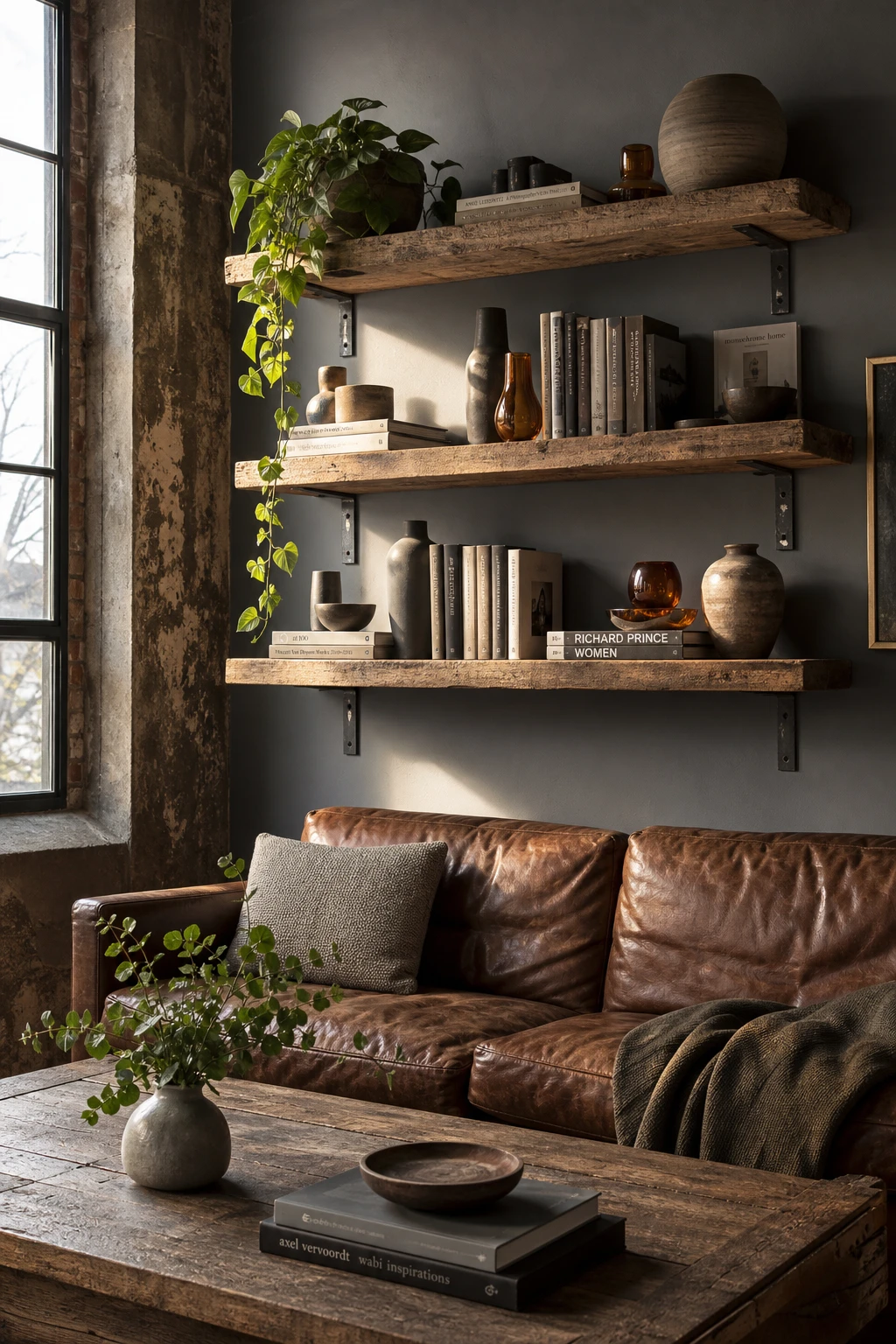 Cozy industrial living room with floating shelves as the hero, styled with books, vessels and warm Edison bulb lighting against Lamp Room Gray walls