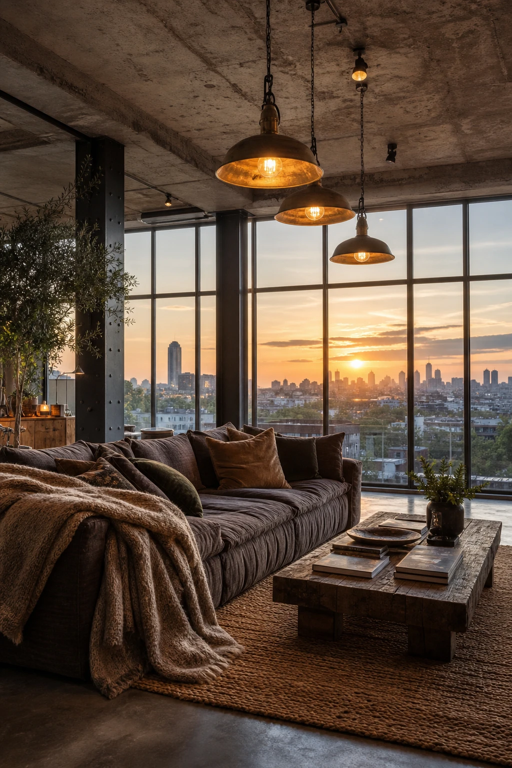 Cozy industrial living room with floor to ceiling glass windows, deep blue accent wall, layered textiles, exposed steel and warm Edison bulb lighting at dusk