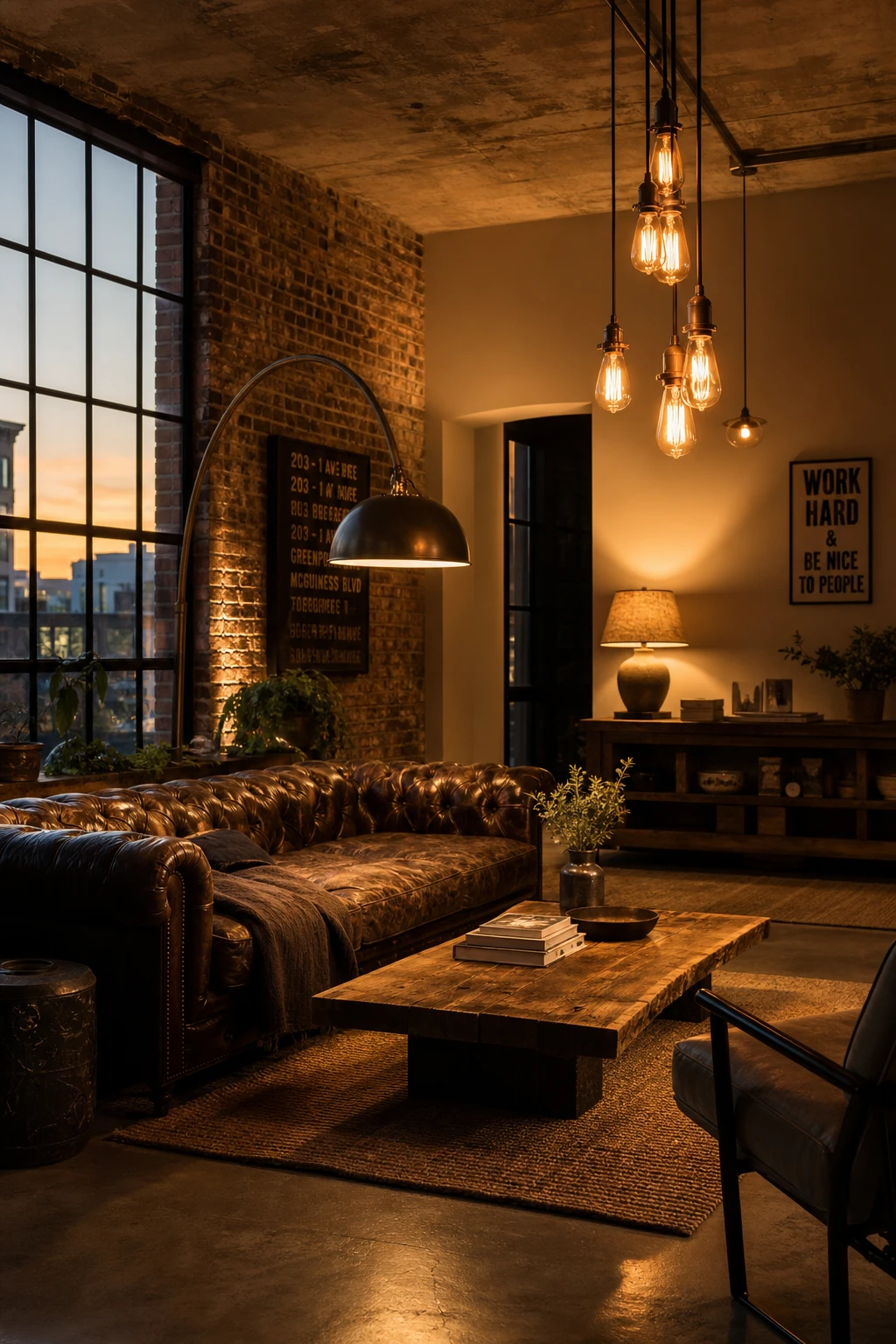 Cozy industrial living room with layered ambient lighting including floor lamp, table lamp, and Edison pendants casting warm pools of light on exposed brick and concrete