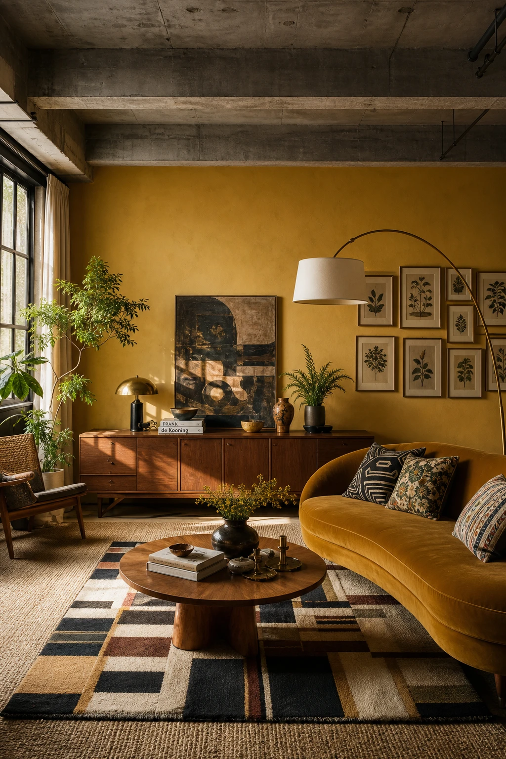 Cozy industrial living room with mid century maximalist layering, bold patterned textiles, sculptural vintage furniture and Farrow and Ball India Yellow accent wall