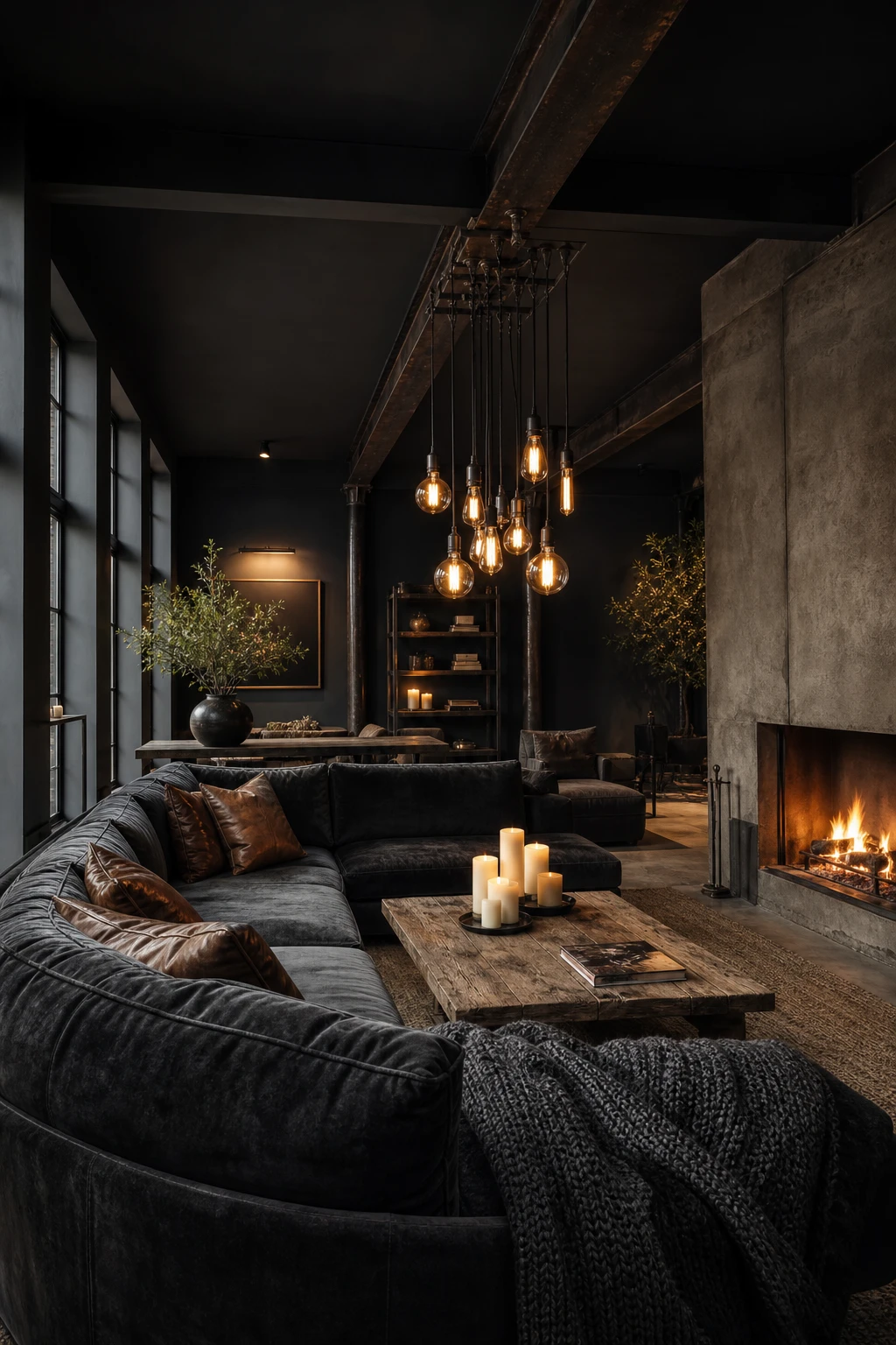 Cozy industrial living room with moody dark walls, deep sofa, Edison bulb pendant, raw concrete accents and warm candlelight creating an intimate atmosphere