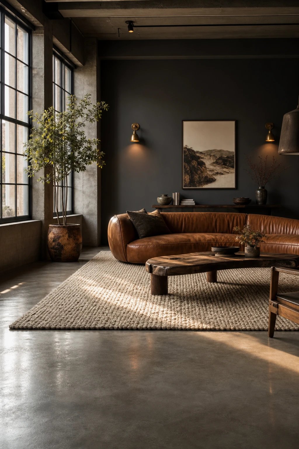 Cozy industrial living room with polished concrete floor as hero, warmed by wool rugs, leather sofa, wood shelving, and Farrow and Ball Plummett painted walls