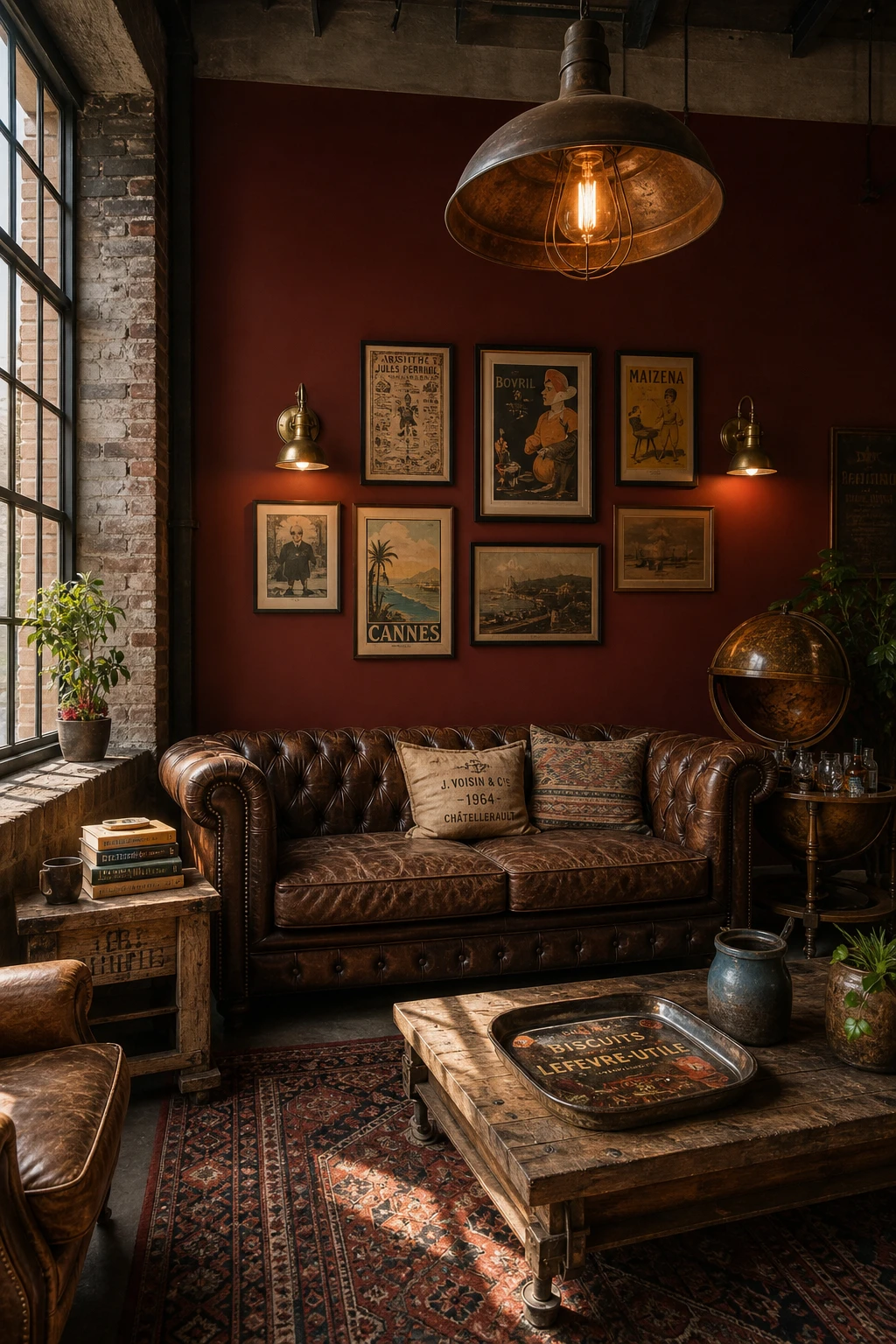 Cozy industrial living room with retro warmth, vintage finds, exposed brick, and Farrow & Ball Book Room Red painted wall in warm evening light