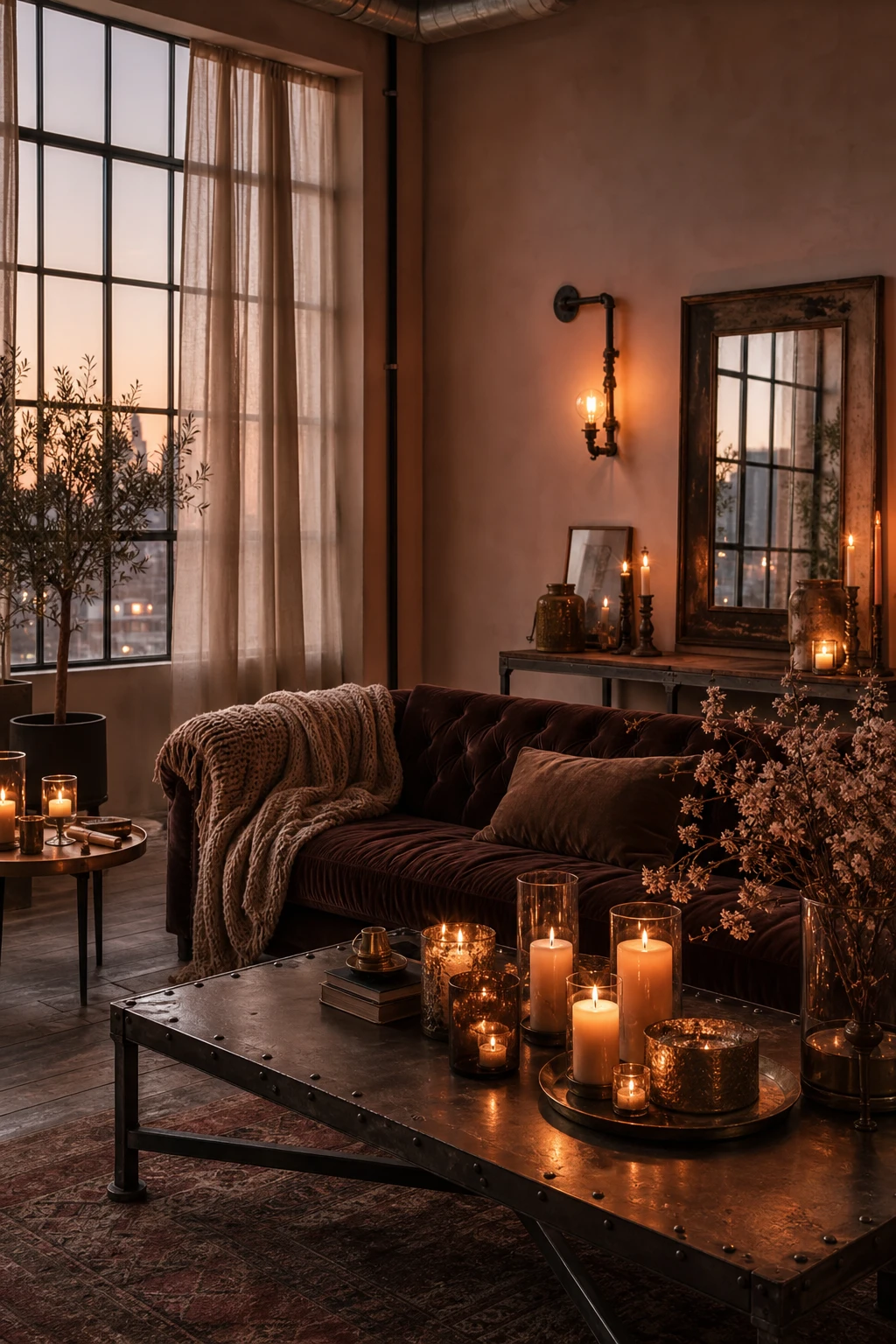 Cozy industrial living room with romantic softness, candlelight glow, steel accents, plush textiles, and Farrow and Ball Peignoir painted walls