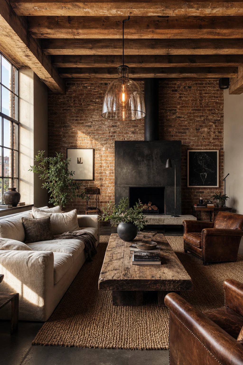 Cozy industrial living room with rustic raw texture hero featuring exposed brick, reclaimed wood beams, warm ambient lighting and Drop Cloth painted walls