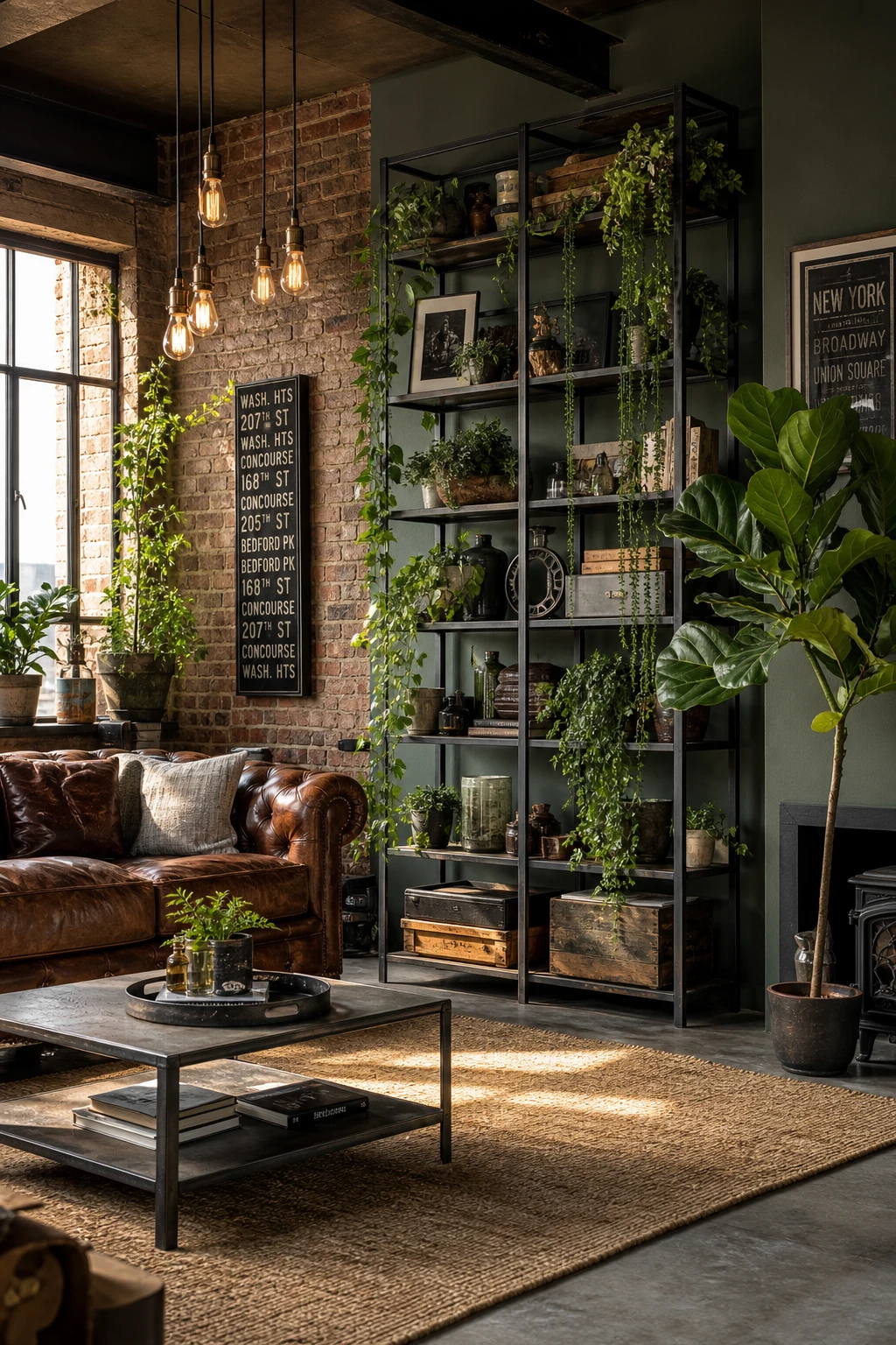 Cozy industrial living room with trailing and structural plants against steel shelving, exposed brick, and warm Edison lighting, walls in Farrow and Ball Calke Green