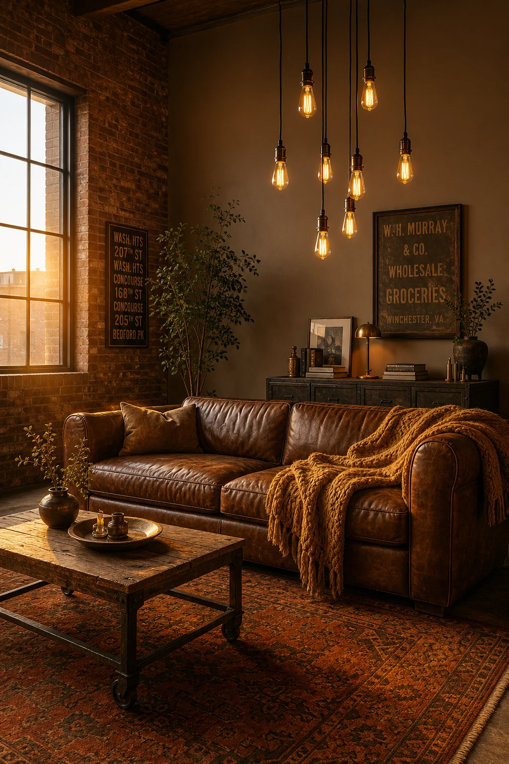 Cozy industrial living room with warm amber tones as the hero, exposed brick, leather sofa, Edison bulb pendants, and Farrow and Ball Savage Ground walls