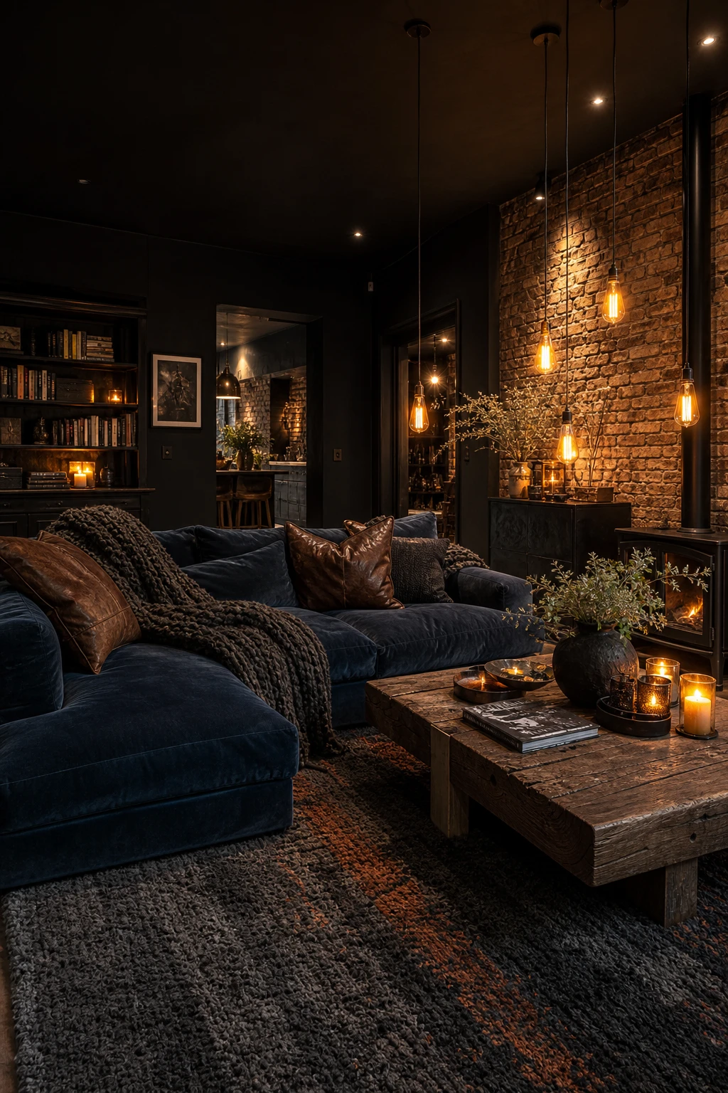 Cozy industrial living room wrapped in dark cocoon tones with exposed brick, deep sofa, Edison pendant lights and Farrow and Ball Pitch Black walls
