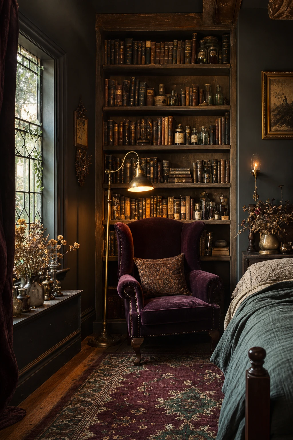 Cozy witchy bedroom cottage book nook with dark shelves, spell books, a velvet armchair, and Farrow and Ball Down Pipe painted walls in moody candlelight