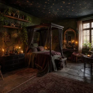 Cozy witchy cottage bedroom with dark green walls, a draped dark wood canopy bed in moss and charcoal layers, trailing vines, apothecary shelves, and a Victorian brass mirror in warm candlelit evening light.