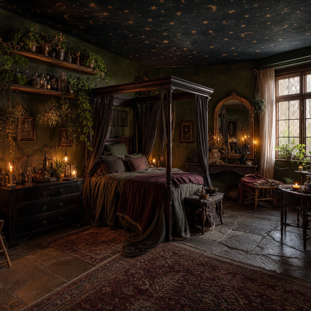 Cozy witchy cottage bedroom with dark green walls, a draped dark wood canopy bed in moss and charcoal layers, trailing vines, apothecary shelves, and a Victorian brass mirror in warm candlelit evening light.