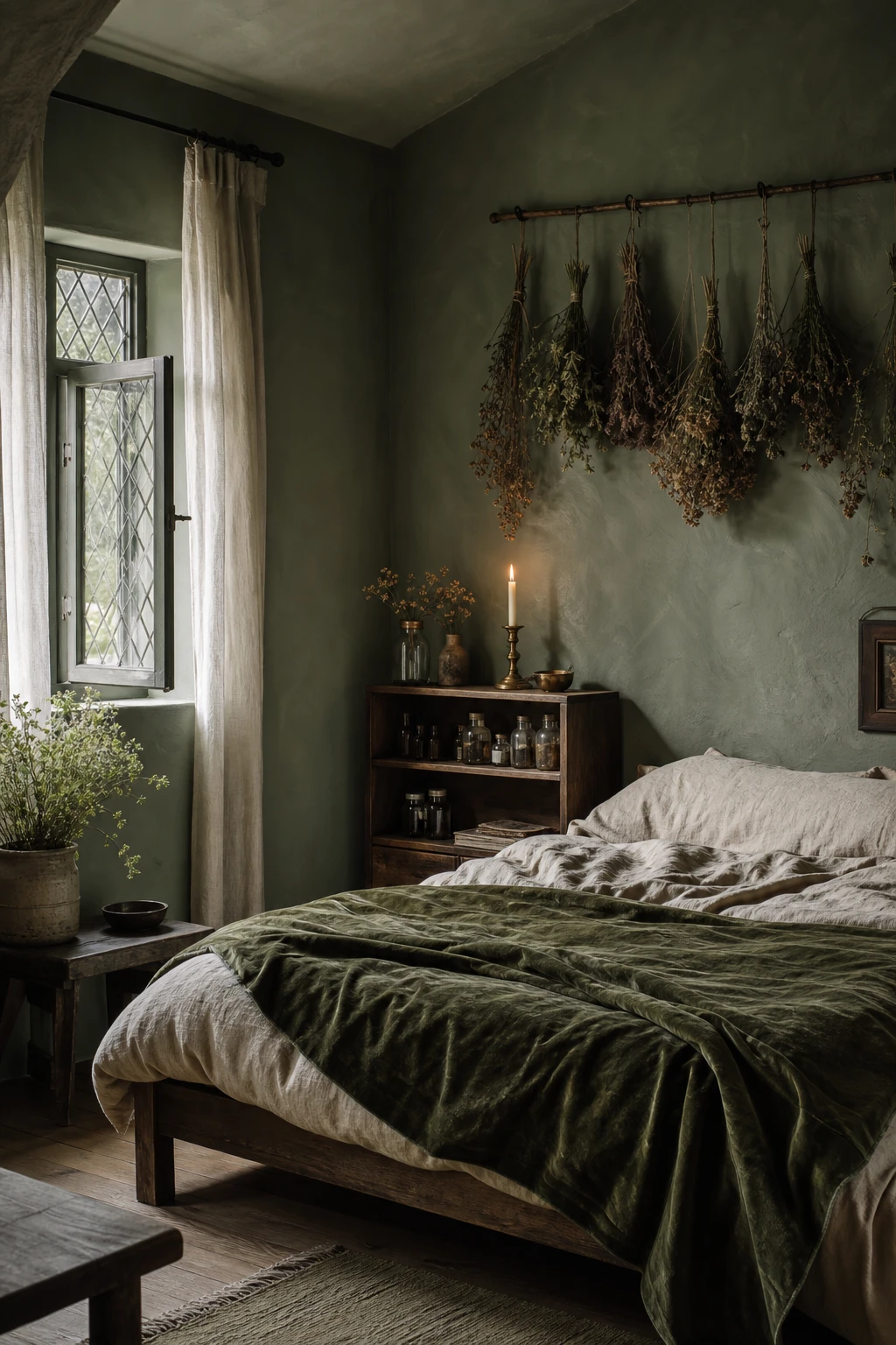 Cozy witchy bedroom in cottage style with sage green walls, dried herb bundles, linen bedding, leaded casement windows and warm candlelight glow