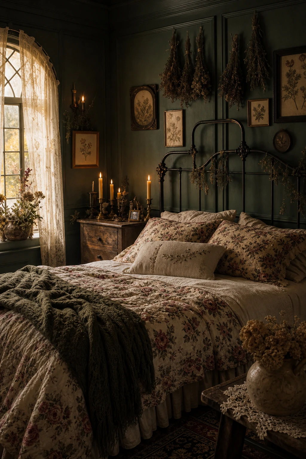 Cozy witchy bedroom in dark cottagecore style with Duck Green walls, antique floral textiles, dried botanicals, and candlelit atmosphere in a storybook cottage setting