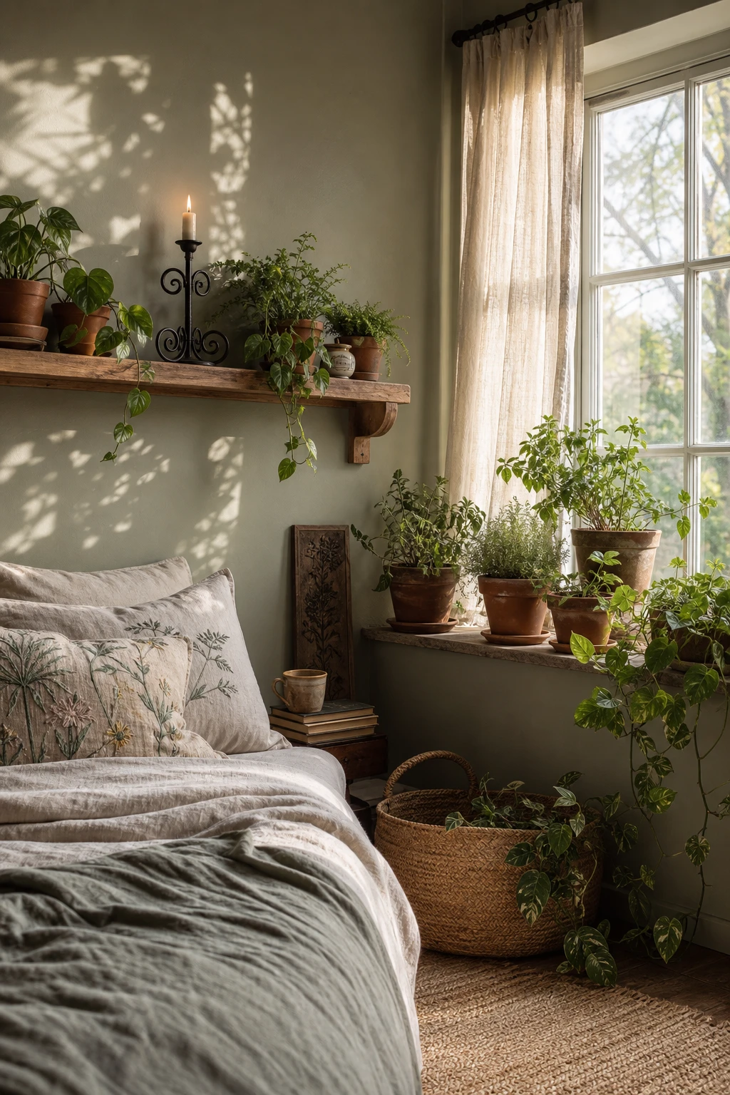 Cozy witchy bedroom with lush plant styling on wooden shelves and windowsill, sage green walls, candlelight, and cottage charm