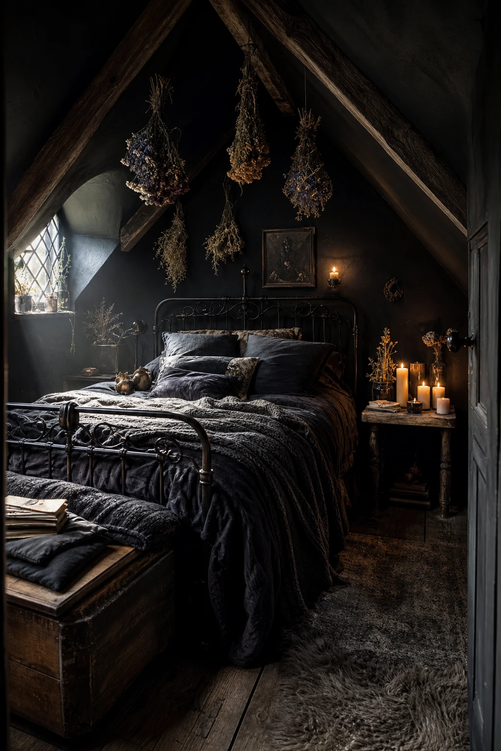 Cozy witchy cottage attic bedroom with slanted ceilings painted Beetle Black, a low iron bed, exposed timber beams, candlelight and dried herb bundles
