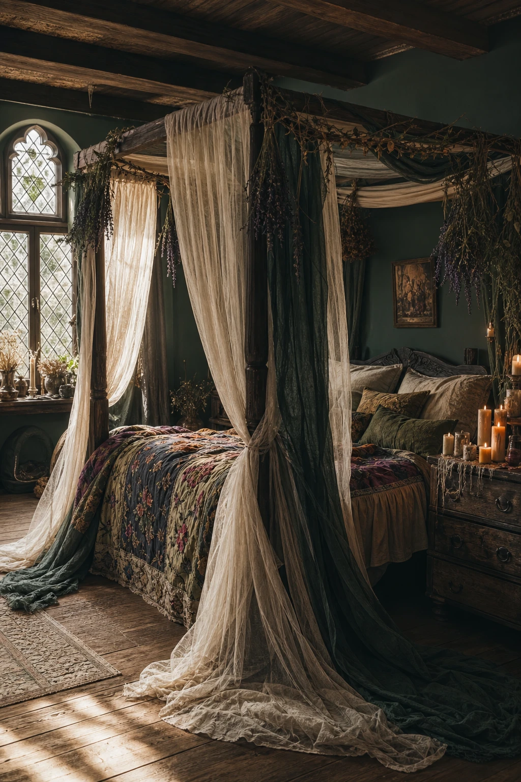 Cozy witchy cottage bedroom centered on a draped canopy bed with deep green walls, sheer fabric, dried botanicals, and candlelight creating an intimate sanctuary