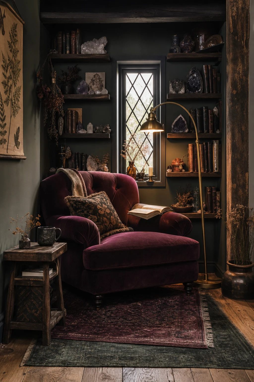 Cozy witchy cottage bedroom reading nook with a velvet armchair, layered rugs, arched floor lamp and dark shelves styled with crystals and dried botanicals