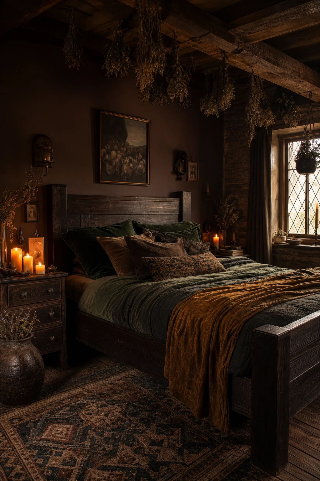 Cozy witchy cottage bedroom with a dark wood frame bed as hero, draped in moody linen and velvet, lit by warm candlelight at dusk