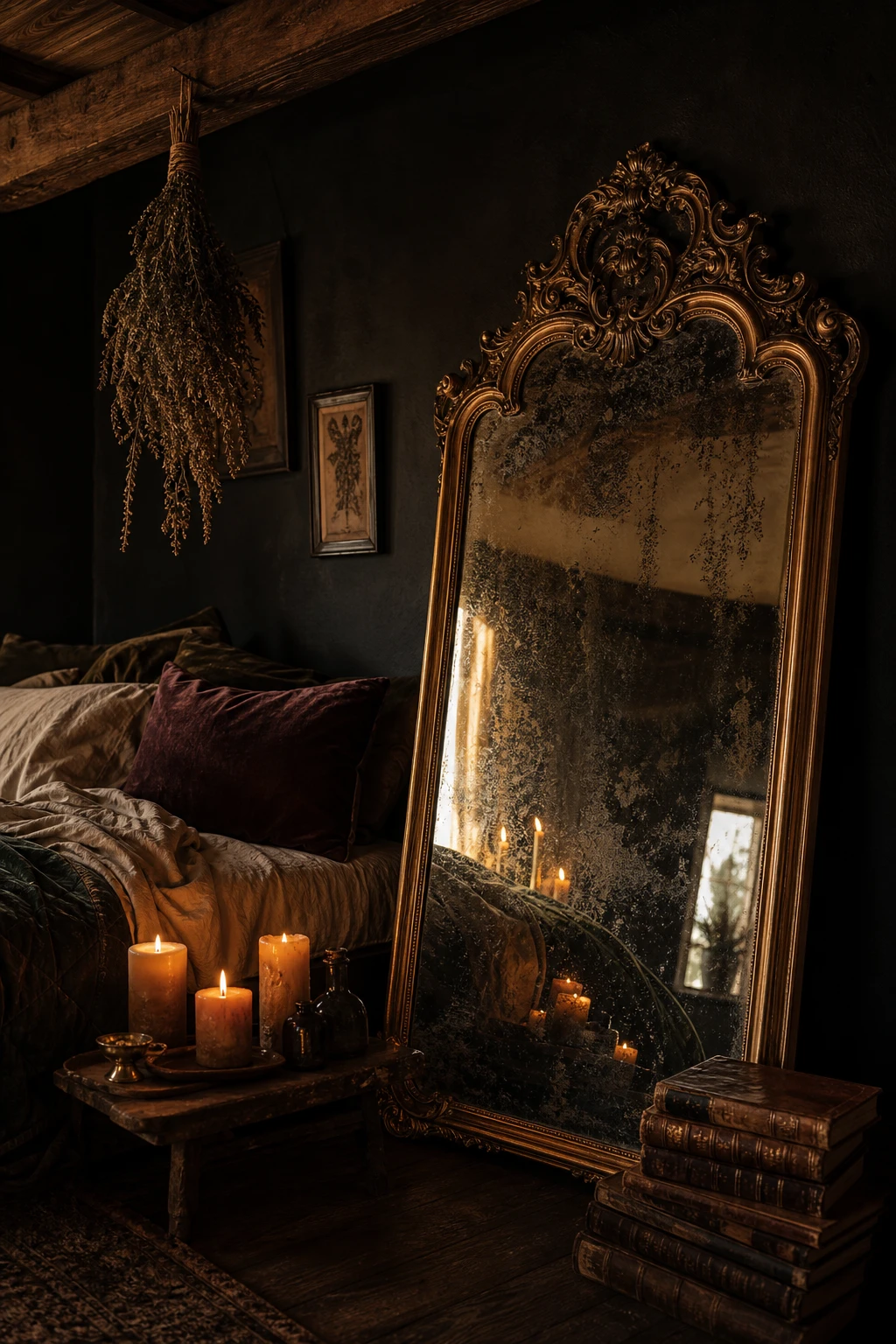 Cozy witchy cottage bedroom with a large antique ornate mirror as the hero, reflecting candlelight, draped fabrics and dark walls painted Farrow & Ball Paean Black