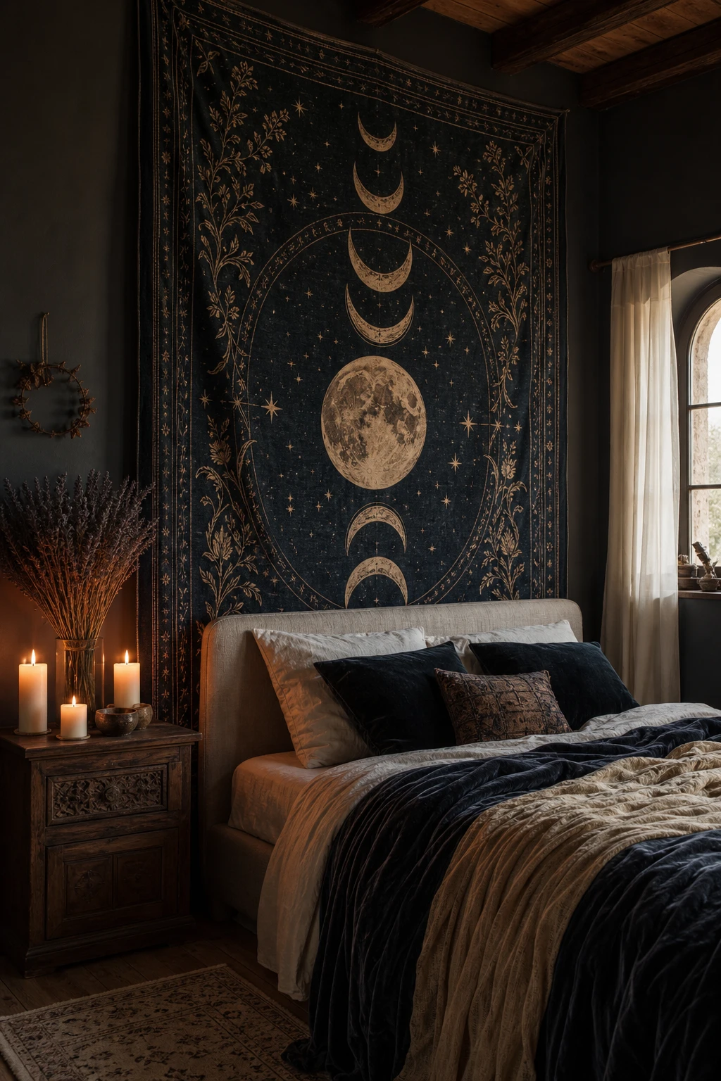 Cozy witchy cottage bedroom with a large wall tapestry as the focal point, deep purple walls, draped linen, and candlelit nightstand in warm evening light