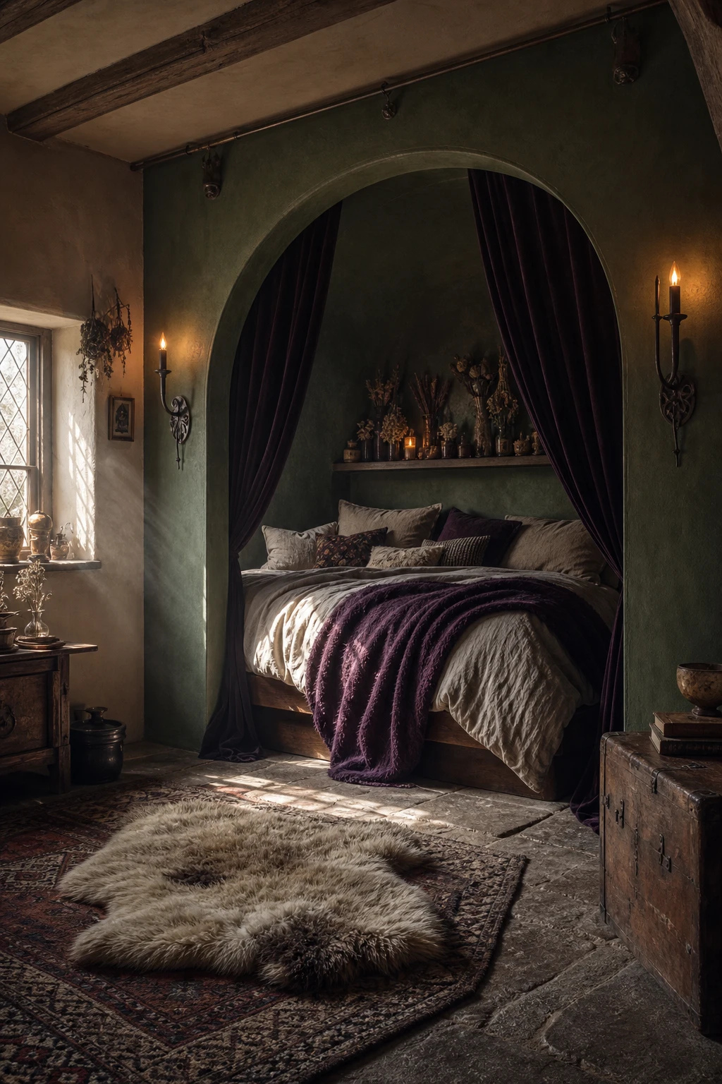 Cozy witchy cottage bedroom with an alcove bed recessed into a deep green painted nook, draped in velvet and linen with candle sconces and trailing ivy