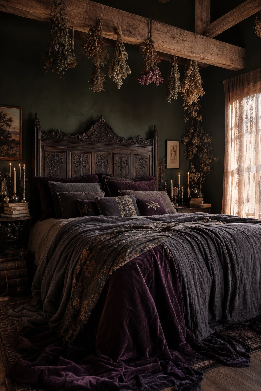 Cozy witchy cottage bedroom with an oversized bed dressed in layered dark textiles against Farrow and Ball Minster Green walls, candlelight glow