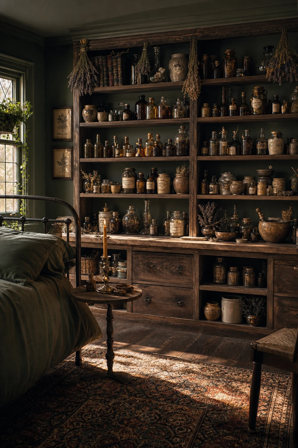 Cozy witchy cottage bedroom with apothecary aesthetic shelves holding glass bottles, herb bundles and labelled jars in deep green and amber tones