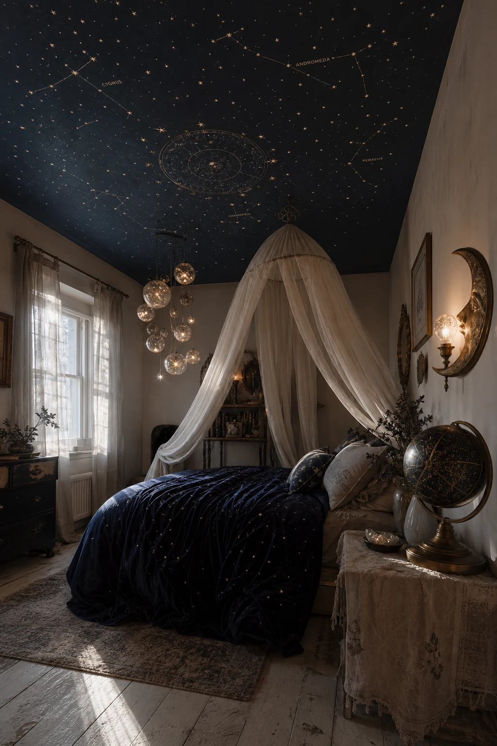 Cozy witchy cottage bedroom with celestial decor as the hero, deep blue ceiling painted Farrow and Ball Pitch Blue, moon and star accents, canopy draping