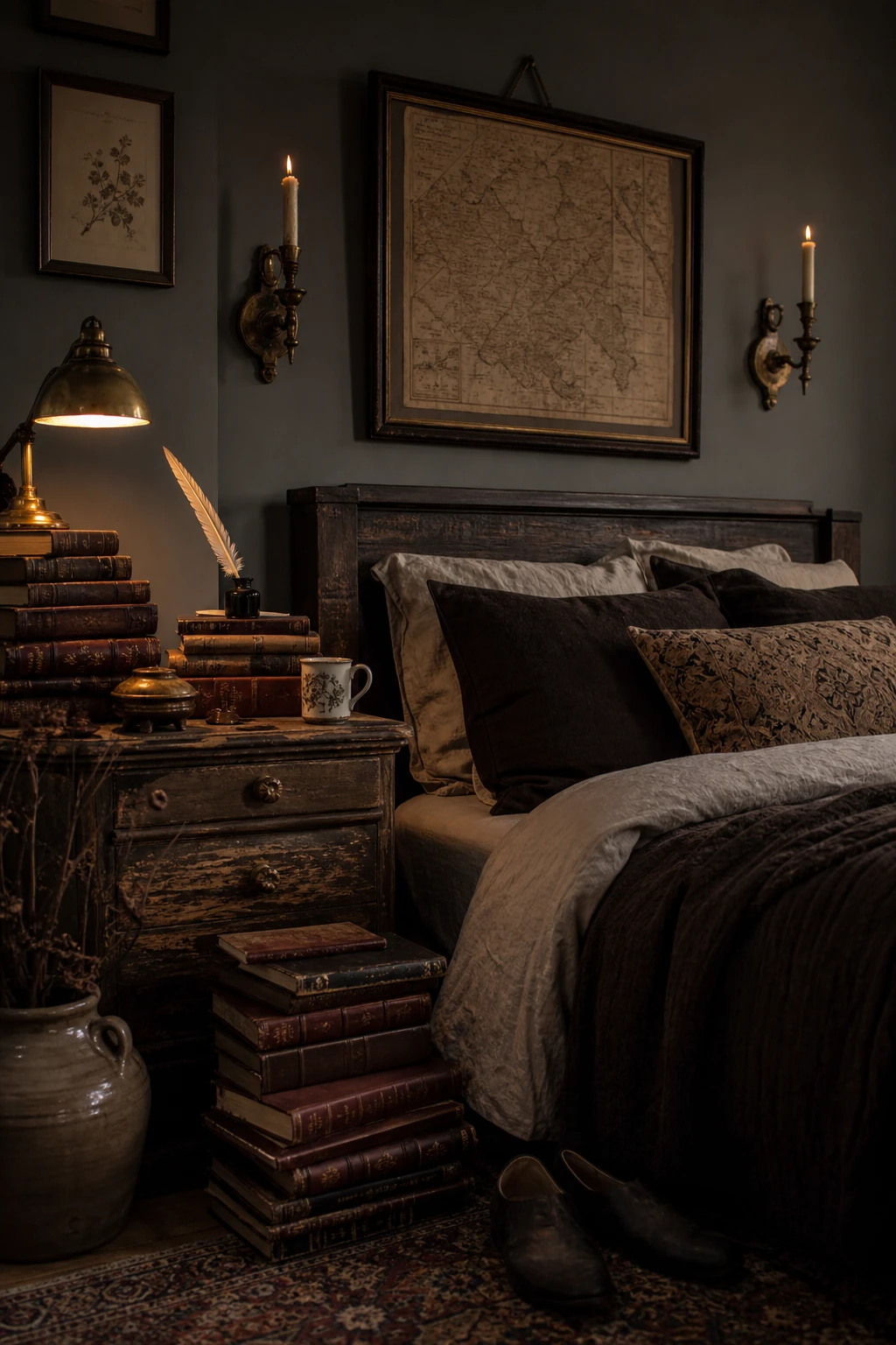 Cozy witchy cottage bedroom with dark academia layers of leather books, antique maps, warm lamplight and Farrow & Ball Worsted grey walls