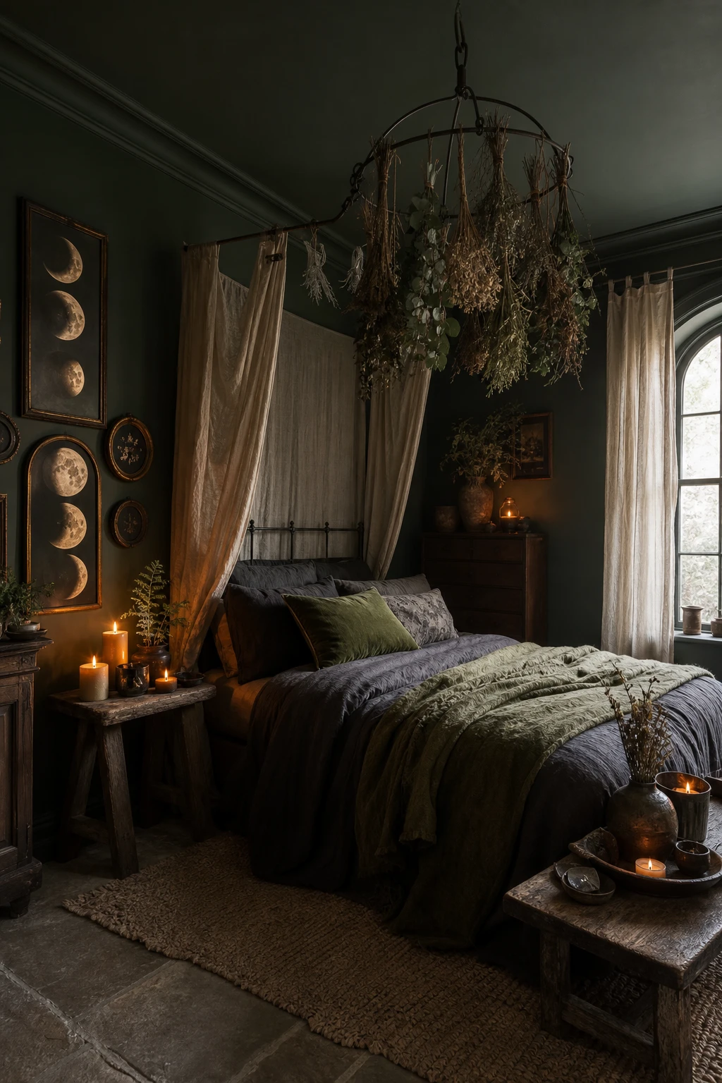 Cozy witchy cottage bedroom with dark green walls, a linen canopy bed, dried herb bundles, moonphase wall art, and warm candlelight at dusk