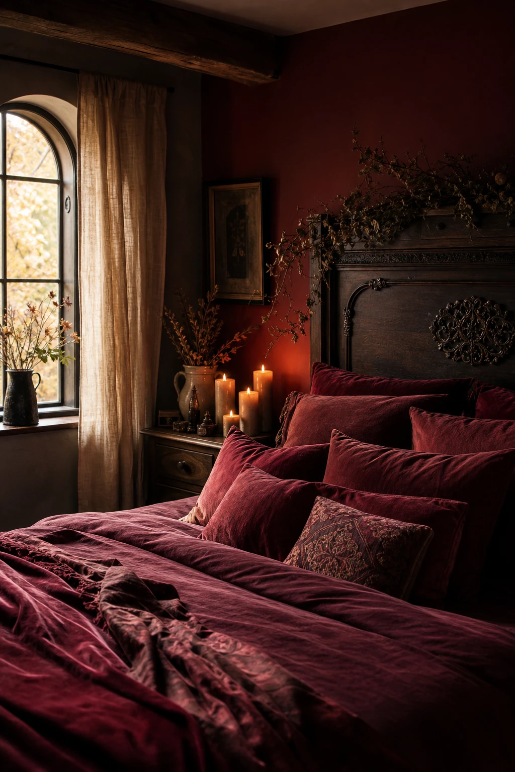 Cozy witchy cottage bedroom with deep red velvet accents, layered textiles, candlelight, dark wood furniture, and Farrow and Ball Eating Room Red on a feature wall