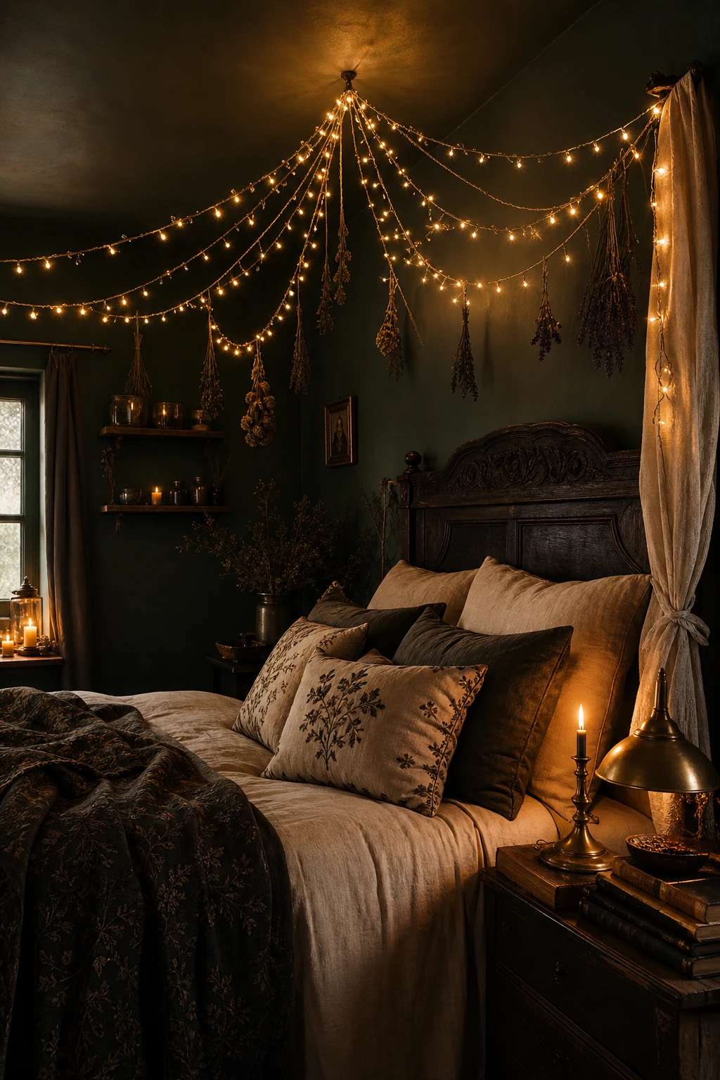Cozy witchy cottage bedroom with fairy lights draped in sweeping canopy arcs above a linen bed, deep green walls, dried botanicals and a carved wooden headboard