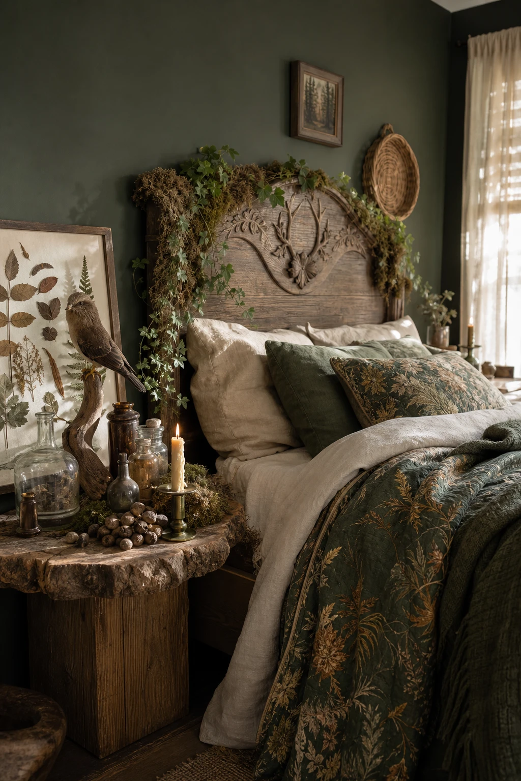 Cozy witchy cottage bedroom with forest witch theme featuring bark textures, leafy prints, found objects and deep green Farrow and Ball Bancha painted walls