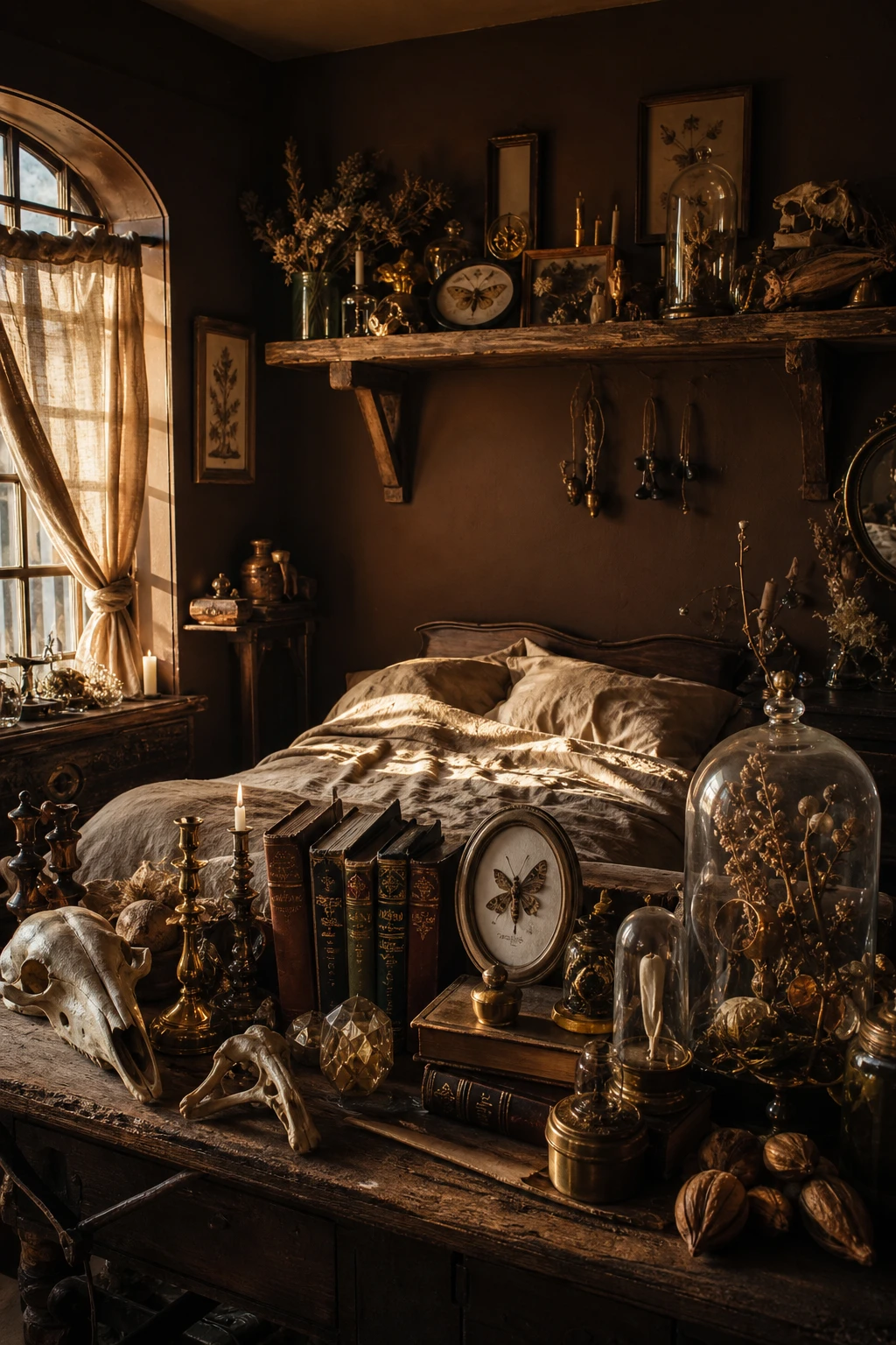 Cozy witchy cottage bedroom with goblin core clutter displayed on shelves and surfaces, odd curios and found objects styled intentionally under warm candlelight